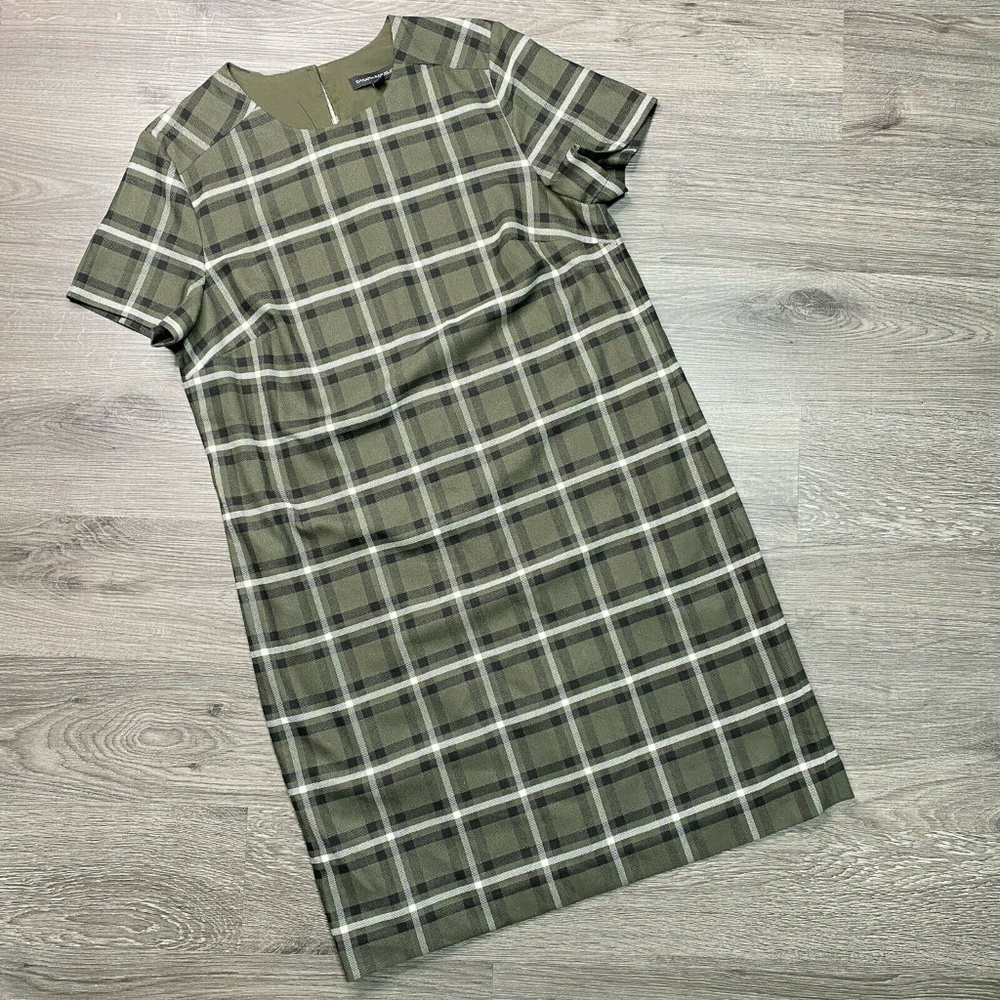 Banana Republic Womens Size M Olive Green Plaid Shift Dress Short Sleeves
